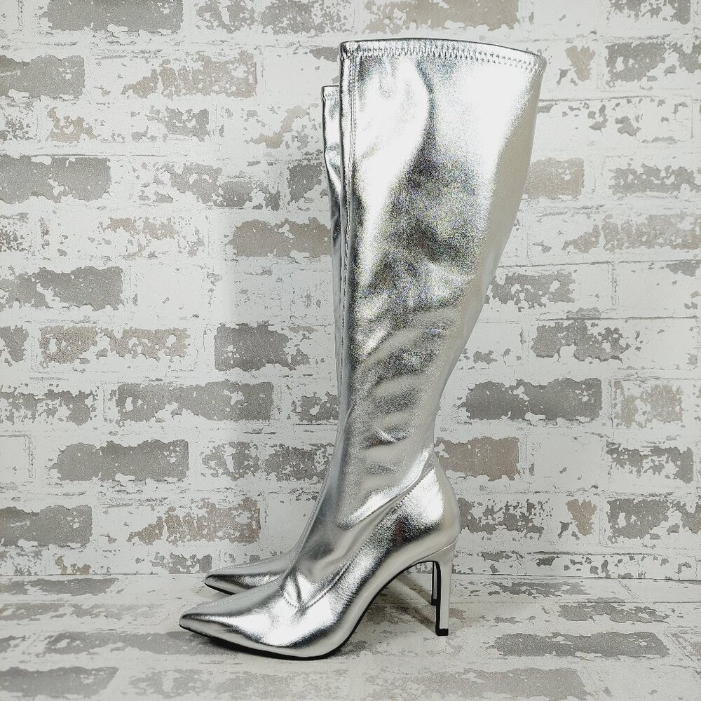 NEW OPEN EDIT Viv Pointy Toe Silver Tall Knee High Boots M229